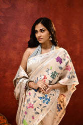 'Janki' Ivory Pure Tussar Silk Meenakari Banarasi Handloom Saree